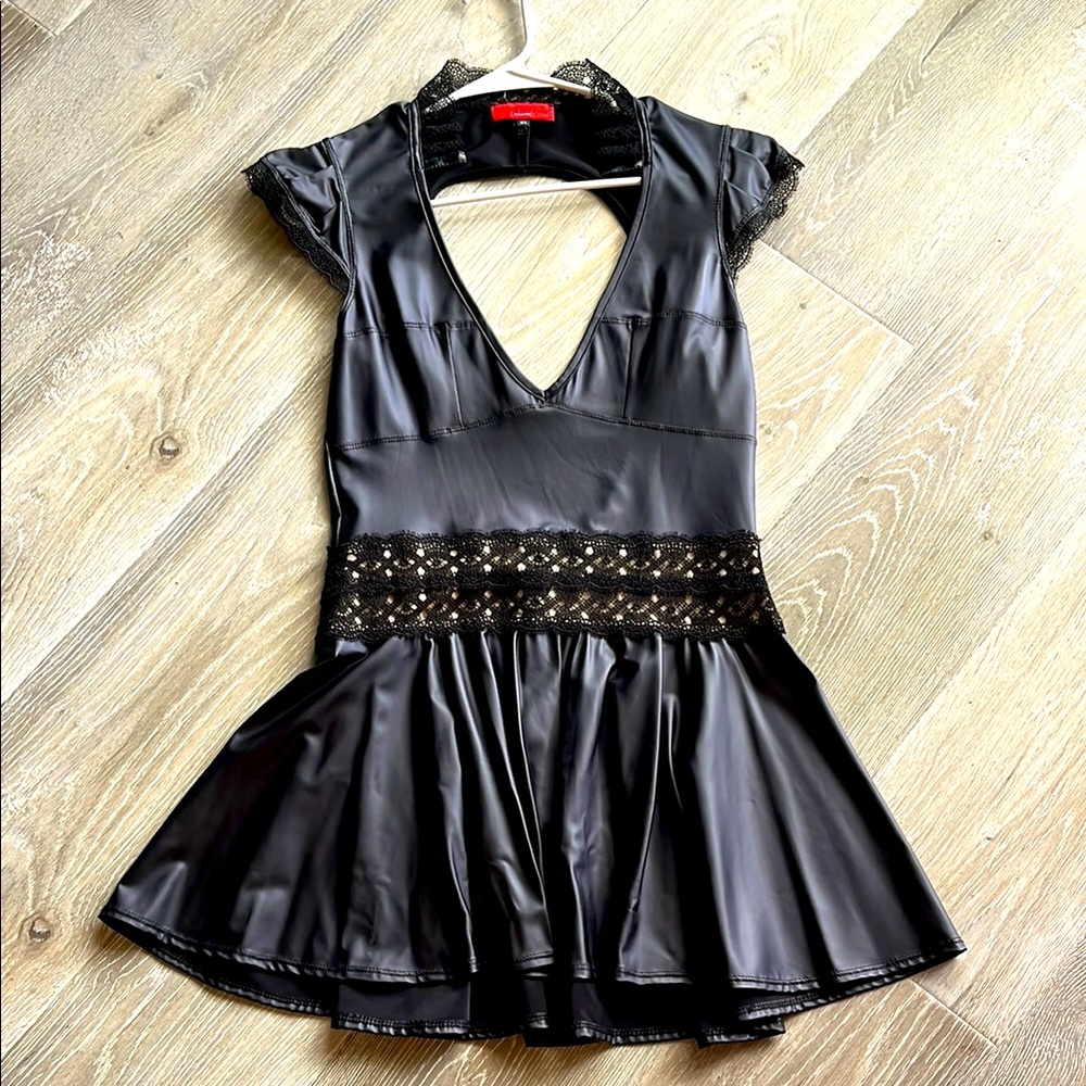Patrice Catanzaro Black Faux Leather Fetish Dress with Lace Detail - XL